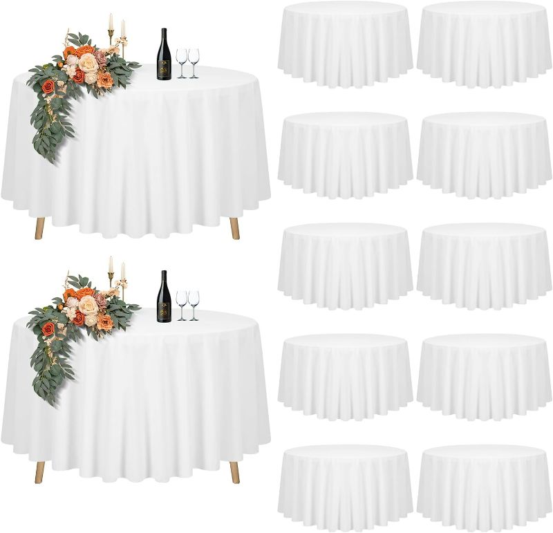 Photo 1 of 12 Pack White Round Tablecloth 108 inch Round Table Cloth Polyester,Black Tablecloths for Round Tables Waterproof Stain Resistant Washable Round Table Cover in Bulk for Wedding Party Buffet Camping