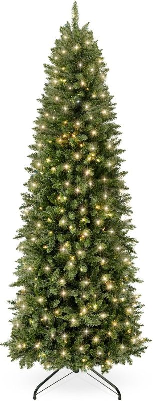 Photo 1 of Best Choice Products 7.5ft Pre-Lit Pencil Christmas Tree, Skinny Spruce Slim Holiday Decoration w/ 1,075 Tips, 350 Lights, Metal Hinges & Base