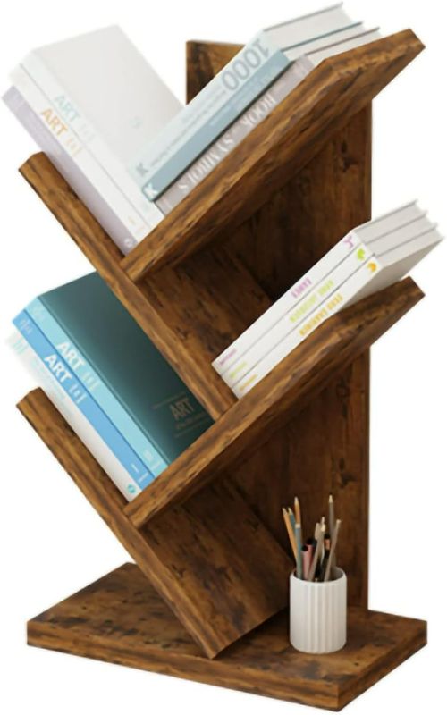 Photo 1 of Tree Bookshelf 4-Layer Floor Standing Bookshelf The Desktop Bookshelf Can Hold Books Magazines, CDs and Photo Albums Desktop Organizer Office Storage Rack Real Wooden Bookshelf