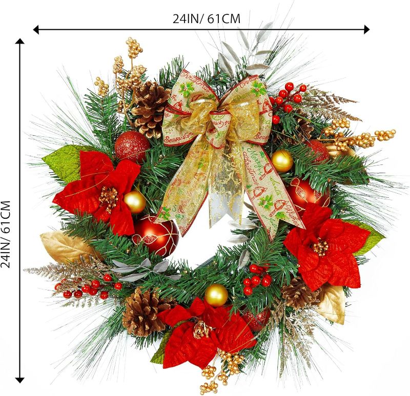 Photo 1 of 24" Prelit Christmas Wreath Xmas Garland with Decorations, Battery Operated Lights, Wreath for Front Door Porch Wall Window Fireplace Outdoor Home Holiday Accent