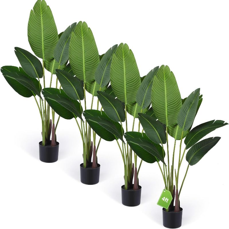 Photo 1 of 4 Pack Artificial Bird of Paradise Plant, Travelers Palm Tree Banana Tree Artificial Plant with Flexible Trunks, Faux Banana Leaf Tree with Plastic Pot for Indoor Outdoor (4ft)