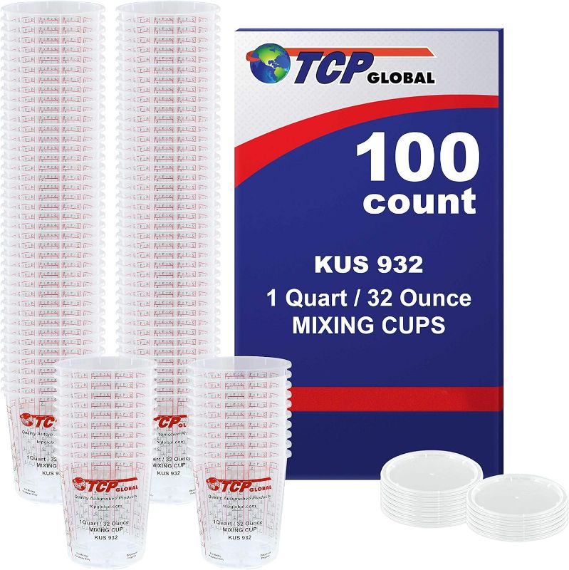 Photo 1 of (Full Case of 100 each - Quart (32oz) PAINT MIXING CUPS) by Custom Shop - Cups are Calibrated with Multiple Mixing Ratios (1-1) (2-1) (3-1) (4-1) (8-1) BOX of 100 Cups includes 12 bonus Lids