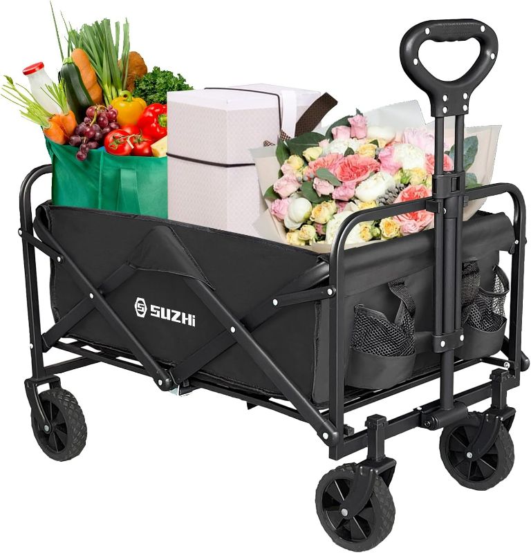 Photo 1 of Small Wagons Carts Foldable Collapsible Grocery Wagon Cart on Wheels Apartment Fold Up Wagons with Wheels for Groceries Lightweight Black