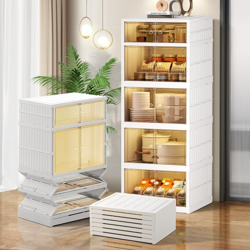 Photo 1 of 5-Tier 5Grids Folding Storage Box with Doors Clear Plastic Collapsible Storage Bins with Lids Easy to Assemble Foldable Storage Cabinets with Wheels Large Stackable Closet Organizer