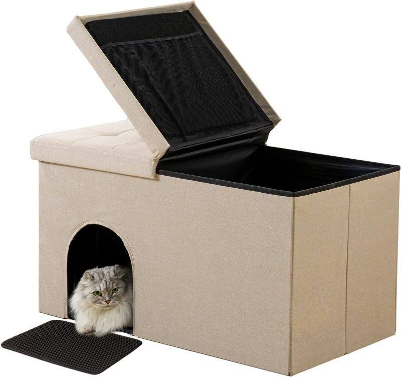 Photo 1 of Cat Litter Box Enclosure Hidden Furniture Ottoman with Lid Dog Proof Cat Litter Box with Litter Mat and Odor Control Filter