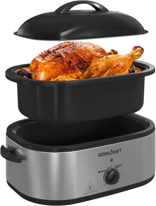 Photo 1 of Roaster Oven with Self-Basting Lid, 18qt Electric Roaster with Removable Pan & Rack, Turkey Roaster Oven with Defrost & Warm Function, Stainless Steel, Silver