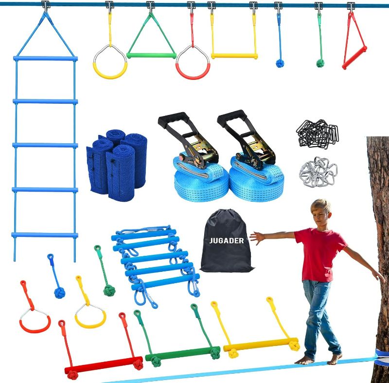 Photo 1 of Jugader 2X50ft Ninja Warrior Obstacle Course for Kids with Pulley, Ninja Warrior Slackline Kit with Accessories, Monkey Bars, Gym Rings,Climbing Ladder