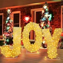 Photo 1 of 3 Pcs LED Christmas Joy Yard Sign with Stakes 18 in Lighted Religious Joy Yard Decor Xmas Letter Joy Sign Xmas Lighted Holy Set Lawn Stake Sign for Pathway Garden Party