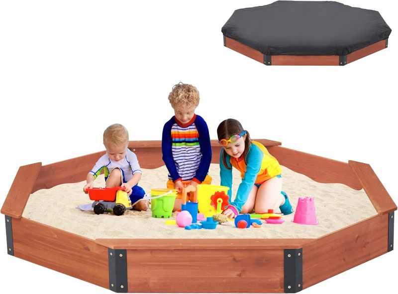 Photo 1 of 85''x78''x9'' Octagon Sandbox with Cover for Kids Outdoor Play, Wood Large Sandpit with 4 Benches, Quick Easy Install