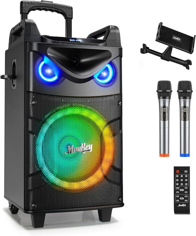 Photo 1 of Moukey Karaoke Machine, 12" Woofer PA System, Portable Bluetooth Speaker with 2 Wireless Microphones, Party Lights and Echo/Treble/Bass Adjustment, Supports TWS/REC/AUX IN/MP3/USB/TF/FM - MTs12-1
