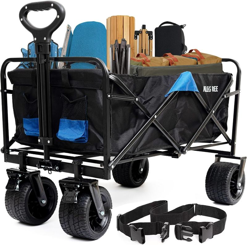 Photo 1 of Folding Collapsible Wagon Carts Outdoor Heavy Duty Portable Utility 300LBS Beach Large Capacity Wagons Grocery Foldable with Big Wheels for Camping, Sports, Shopping, Black