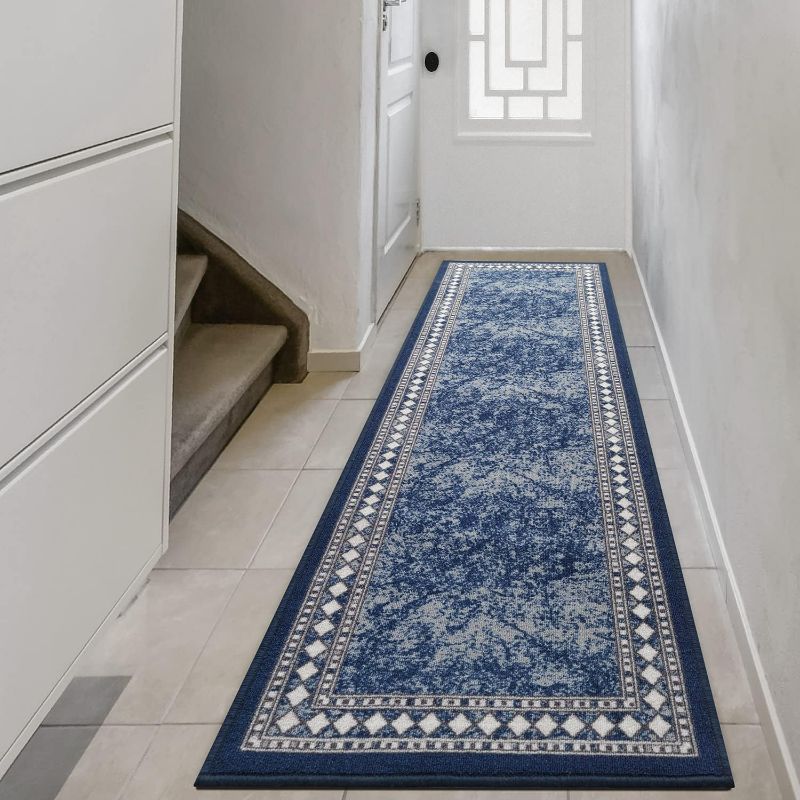 Photo 1 of Antep Rugs Alfombras Modern Bordered 2x10 Non-Skid (Non-Slip) Low Profile Pile Rubber Backing Indoor Area Runner Rugs (Navy Blue, 2' x 10')