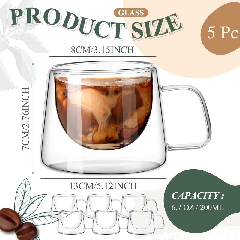 Photo 2 of Rtteri 5 Pcs 6.8 oz Double Wall Glass Coffee Mugs Clear Insulated Coffee Mugs with Square Handle Glass Coffee Cups Tea Cups Gift Set for Espresso Cappuccino Latte Tea Bag Beverage Cafe Kitchen