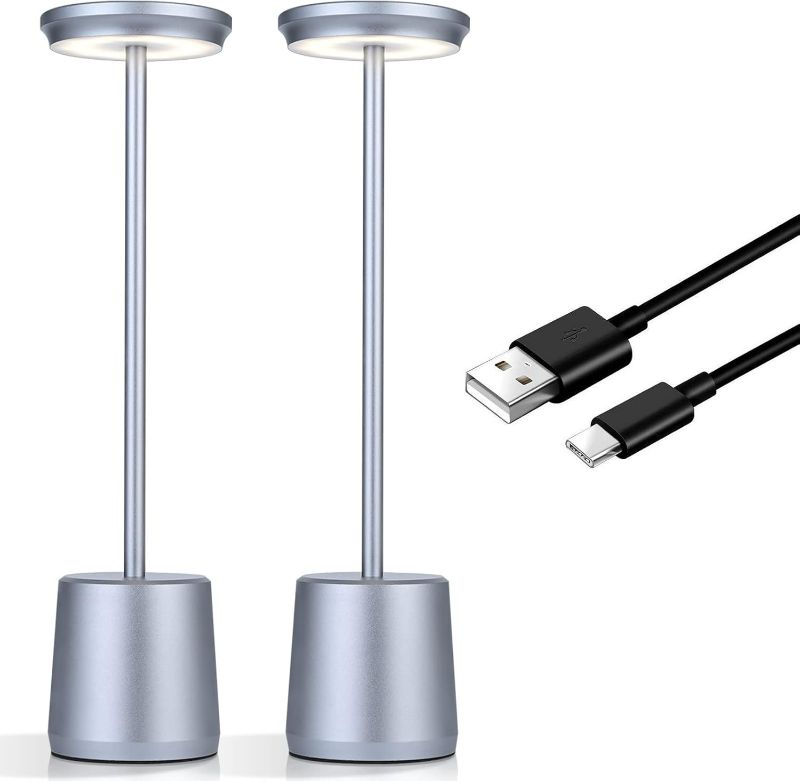 Photo 1 of 2 Pack Cordless Table Lamp, Rechargeable Led Table Lamp, 5000mAh Battery Operated/USB Desk Lamp, Portable Outdoor Light, Stepless Dimmable, Creative Dining Table Hotel Bar Table Lamp Grey