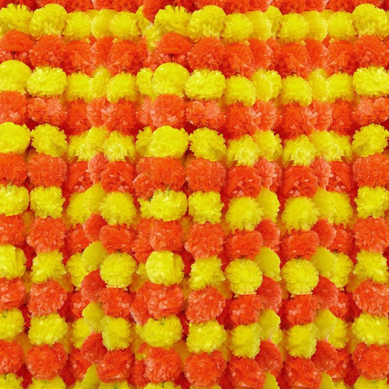 Photo 1 of 6 Pcs× 5 Feet Long Marigold Flowers Garland Bulk Indian American Wedding Party Mantel Decoration Artificial Dia de Los Muertos Decorations for Altar Faux Flower Garland for Diwali, Bush Floral Party