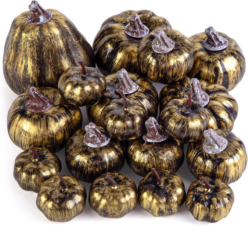 Photo 1 of 18PCS Assorted Artificial Pumpkins, Gold Brushed Black Pumpkins Rustic Decorative Foam Pumpkins for Fall Halloween Thanksgiving Table Centerpiece