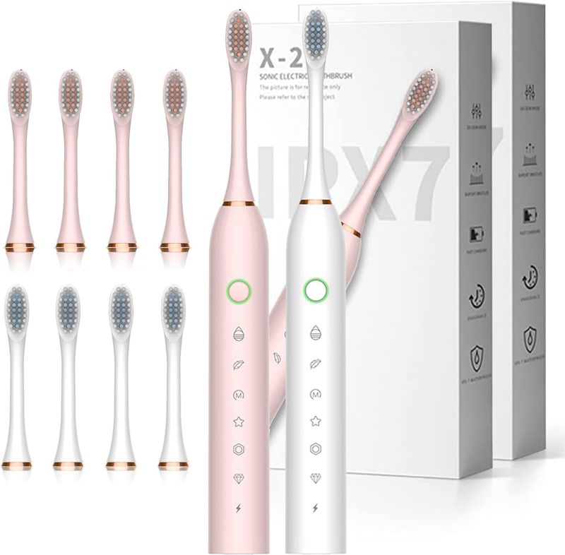 Photo 1 of 2 Pack Electric Toothbrush with 8 Brush Heads, IPX7 Waterproof 6 Modes 42000vpm with Smart Timers, Sonic Electric Toothbrush for Adults, Pink+white