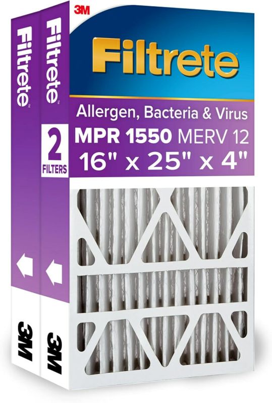 Photo 1 of Filtrete 16x25x4 Air Filter MPR 1550 DP MERV 12, Healthy Living Ultra Allergen Deep Pleat, 2-Pack, Fits Lennox & Honeywell Devices (exact dimensions 15.88x24.56x4.31)