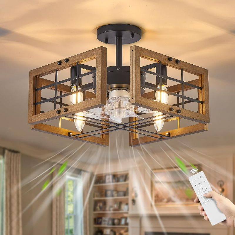 Photo 1 of Ceiling Fans with Lights, Wood Flush Mount Ceiling Fan Lights and Remote, Farmhouse Low Profile Ceiling Fan with Light for Living Room, Bedroom, Kitchen (Rustic Wood)