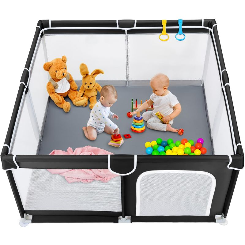 Photo 1 of TODALE Baby Playpen for Toddler, Large Baby Playard, Indoor & Outdoor Kids Activity Center with Anti-Slip Base, Sturdy Safety Play Yard with Soft Breathable Mesh, Playpen for Babies(Black,50”×50”)