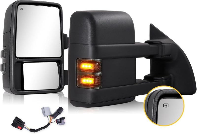 Photo 1 of Towing Mirrors for 1999-2016 Ford F250 F350 F450 F550 Super Duty with Power Glass Heated Function Turn Signal Light Running Lights Pair Set with Adapter (Smoke lens) Is Left side only