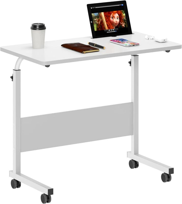 Photo 1 of Rolling Laptop Stands Desk Cart Height Adjustable, 31.5 inches Mobile Sofa Side Table with Tablet Slot, Portable Standing Laptop Table, Small C Table for Couch Bed Sofa, White