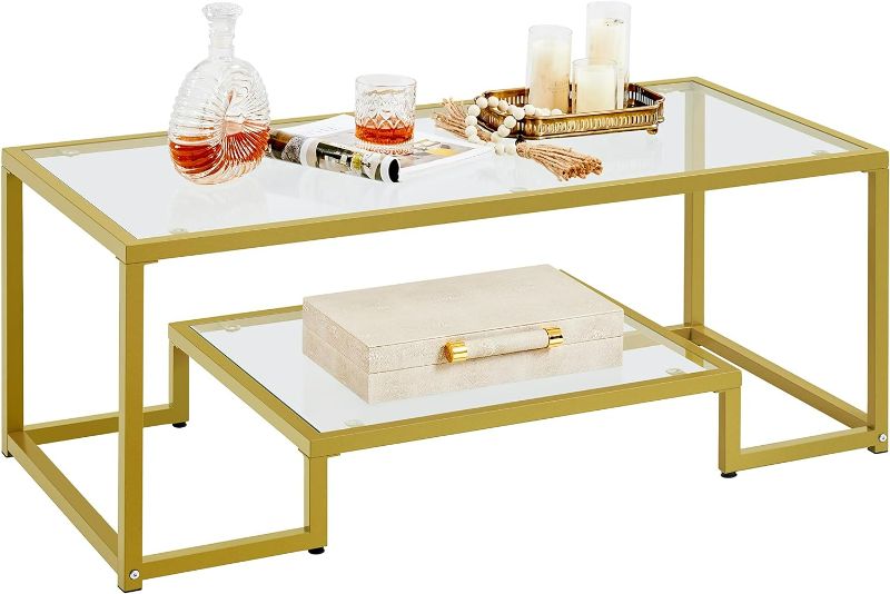 Photo 1 of Yaheetech Gold Coffee Table, 42" Rectangular Glass Coffee Table for Living Room, 2-Tier Center Tea Table with Metal Frame for Small Space, Apartment, Office