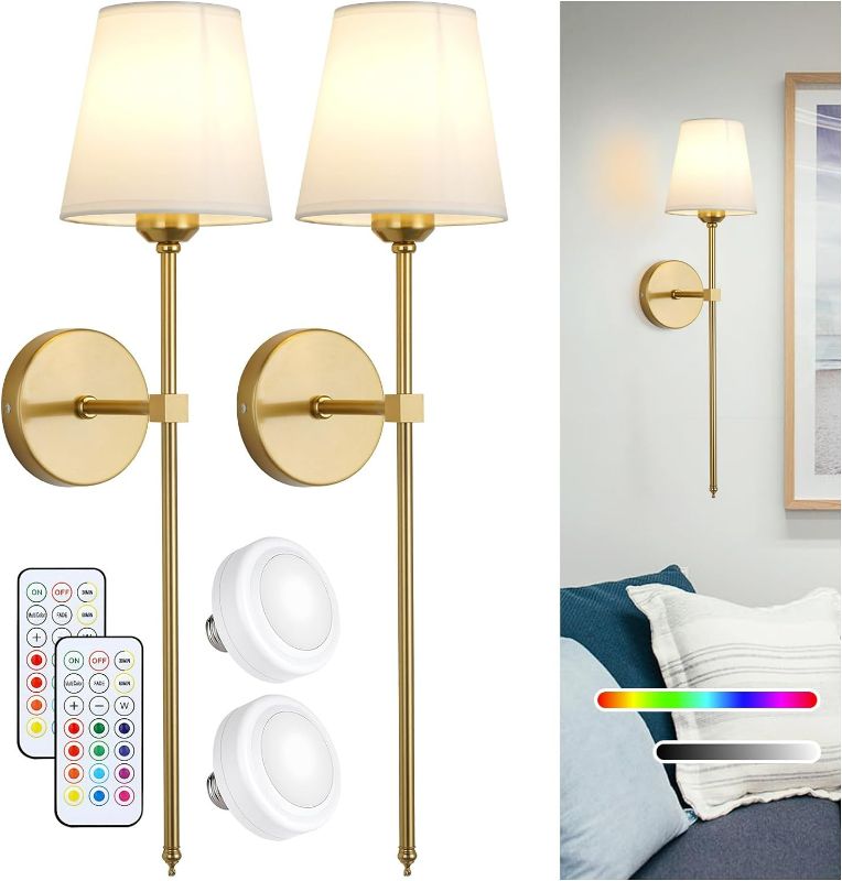 Photo 1 of Battery Operated Wall Sconce Set of Two, Detachable Wall Sconces Light with Remote Fabric Shade, Wireless Wall Sconces with 13 Colors Modes Gold Wall Sconce Dimmable Wall Lamp for Bedroom Living Room