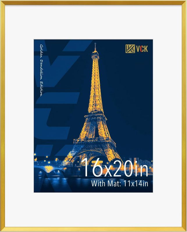 Photo 1 of ** FINAL SALE – SOLD AS IS ** Vck 16X20 Aluminum Picture Frames for Wall, Gold Metal Poster Frames with Real Glass, 11X14 with Mat 16X20 Without Mat (1 Pack)