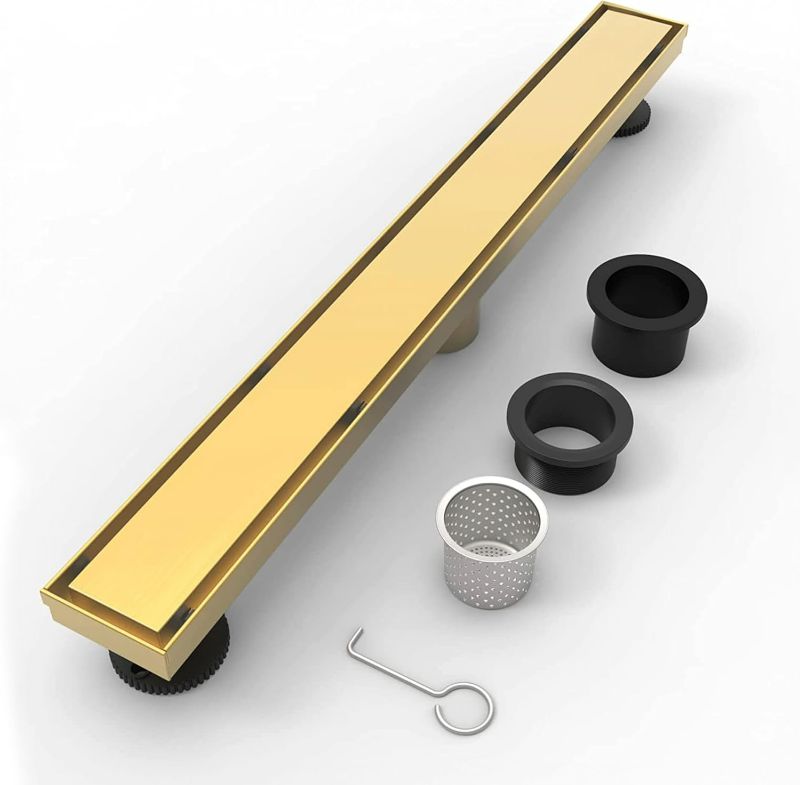 Photo 1 of BRÜUN 24-inch Gold Brushes Brass Linear Shower Drain with Hair Strainer and Leveling Feet - A 304 Stainless Steel Rectangular and V Shallow profile Super Draining Tool with Removable Tile Insert Grate