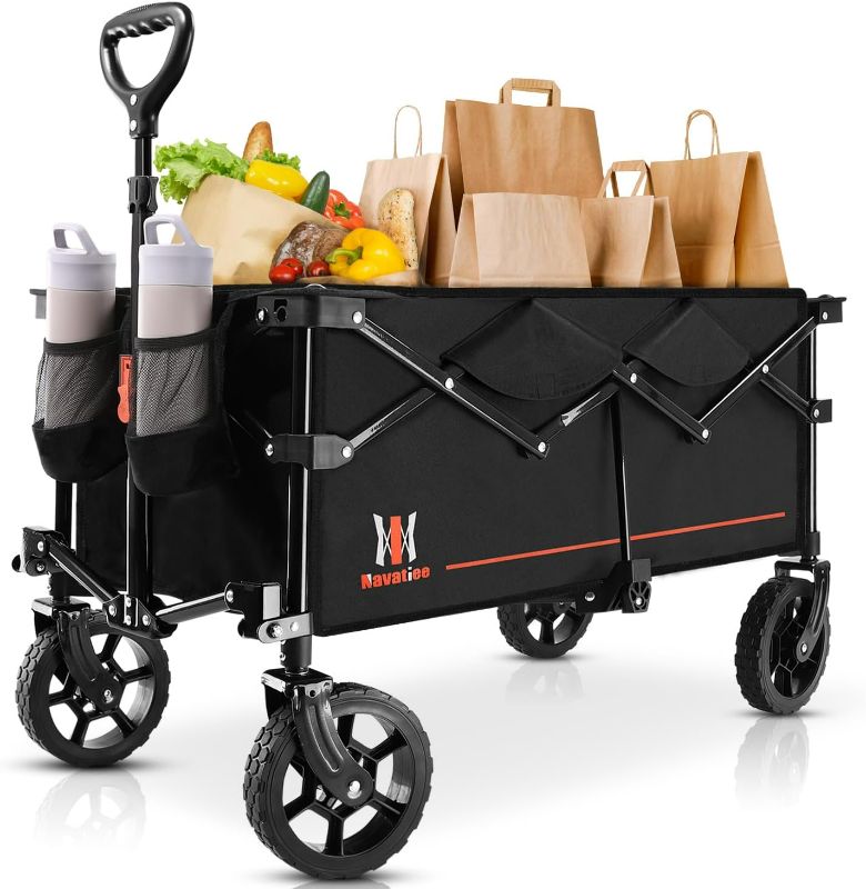 Photo 1 of Collapsible Folding Wagon, Wagon Cart Heavy Duty Foldable with Two Drink Holders, Utility Grocery Wagon for Camping Shopping Sports, S2, Black