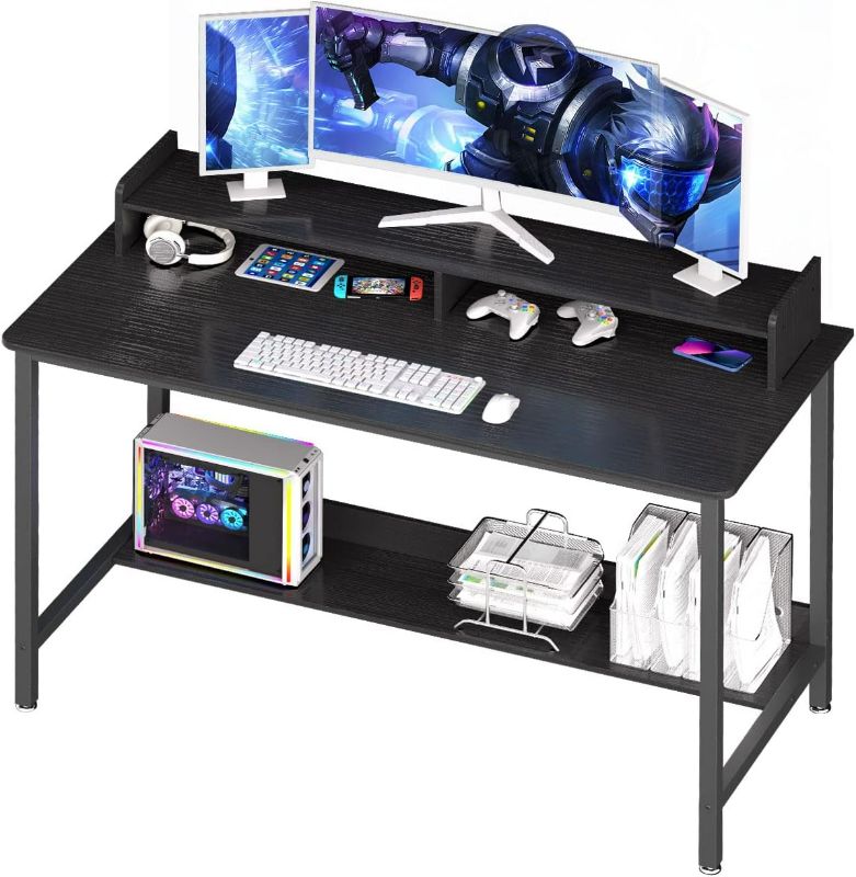 Photo 1 of Computer Desk with Shelves, 43 Inch Gaming Writing Desk, Study PC Table Workstation with Storage for Home Office, Living Room, Bedroom, Metal Frame, Black.