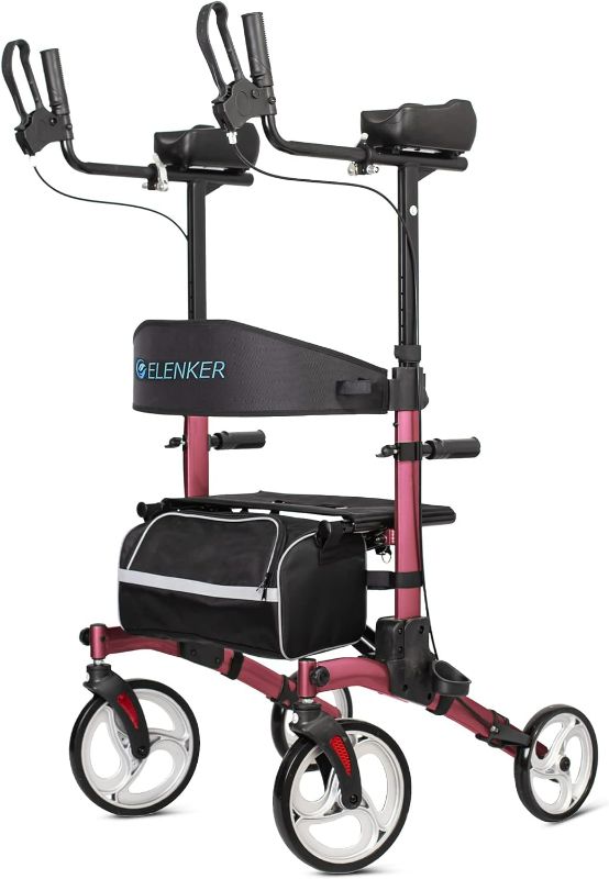 Photo 1 of ELENKER Upright Rollator Walker, Stand Up Rolling Walker, Mobility Walking Aid with 10” Front Wheels, Seat and Armrest for Seniors and Adults, Red