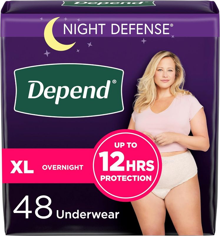 Photo 1 of Depend Night Defense Adult Incontinence & Postpartum Bladder Leak Underwear for Women, Disposable, Overnight, Extra-Large, Blush, 48 Count (4 Packs of 12), Packaging May Vary