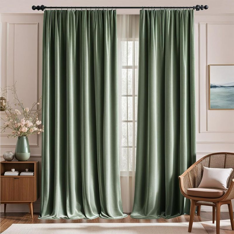 Photo 1 of Lazzzy Blackout Velvet Curtains Green 84 inch Thermal Insulated Drapes for Dinning Room Darkening Window Treatment Rod Pocket Home Decor Living Room Set of 2 Panels Sage Green