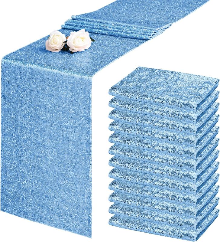 Photo 1 of 12 Pack Baby Blue Sequin Table Runner 12" x 72" Table Cloth for Wedding Rectangle Tables Sparkle Table Covers for Party Engagement Birthday Banquet Decorations Baby Shower Christmas