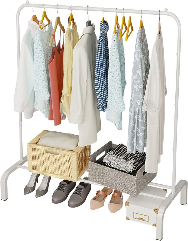 Photo 1 of JIUYOTREE Metal Clothing Rack, 43.3 Inches Clothes Garment Coat Rack with Bottom Shelf for Hanging Skirts, Shirts, Sweaters, White