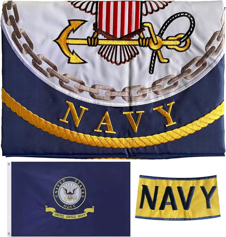 Photo 1 of Embroidered Navy Emblem Flag Double Sided 3x5 Outdoor- 300D Heavy Duty Nylon- Military 3x5 Navy Outdoor Banner Flag- Brass Grommets & 4 Rows Stitched