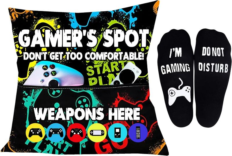 Photo 1 of Gamer Gifts Pillow Cover Case 18x18 inch with Dual Pockets and Do Not Disturb I'm Gaming Novelty Socks, Gaming Room Decor Party Decorations, Xmas Gift Christmas Stocking Stuffers for Men Teen Boys