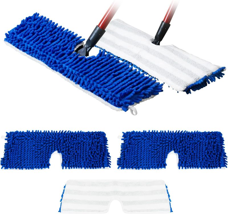 Photo 1 of Houseables Flip Mop Refills, Replacement Pads, 18 x6 Inch, 3 Pack, White, Blue, Dual-Action Microfiber Head Floor Mops, Dry/Wet, Machine Washable, Double Sided Velcro Flat Sponge, All Surface Cleaning