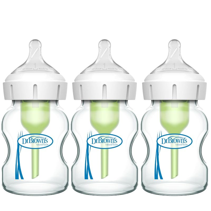 Photo 1 of Dr. Brown's Natural Flow Anti-Colic Options+ Wide-Neck Glass Baby Bottles 5 oz/150 mL, with Level 1 Slow Flow Nipple, 3 Pack, 0m+