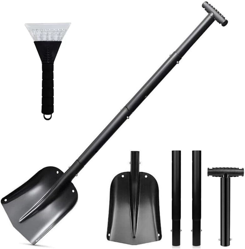 Photo 1 of Portable Snow Shovel Detachable Four-Piece Aluminum Alloy Construction, Adjustable Length up to 43 Inches, Ideal for Car Emergencies and Snowmobiles(Black)