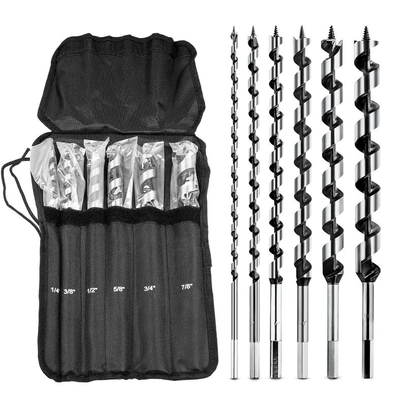 Photo 1 of 6Pcs 12-Inch Long Auger Drill Bit set for Wood, 1/4"-7/8" Inch Hex Shank Ship Auger Drill Bit for Soft and Hard Wood, Plastic, Drywall and Composite Materials