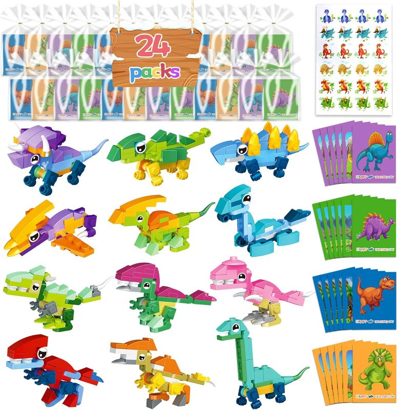 Photo 1 of 24 Packs Valentines Day Gifts for Kids - Dinosaur Building Blocks with Valentines Cards for kids Classroom School Gift Card Exchange, Valentine's Day Kids Party Favors, Prizes for Kids Classroom
