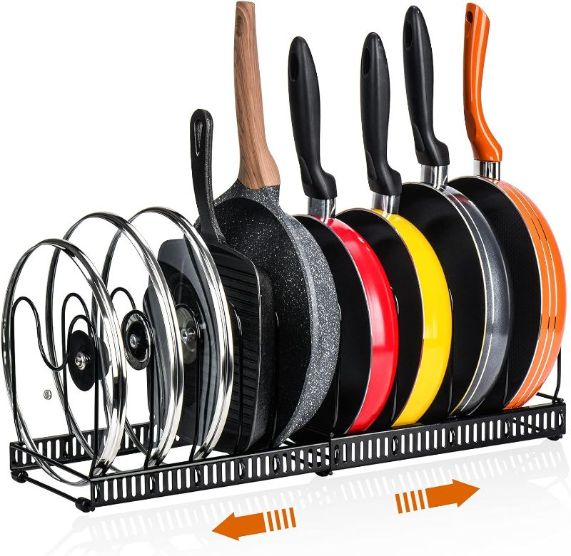 Photo 1 of Black Pots and Pans Organizer Rack for Cabinet and Countertop, 10+ Pot Lids, Bakeware and Cookware Holder with 12 Adjustable Compartments - 