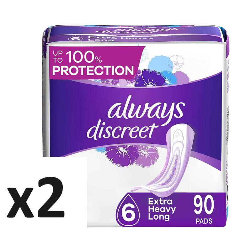 Photo 1 of Always Discreet Adult Extra Heavy Long Incontinence Pads, Up to 100% Leak-Free Protection, 45 Count x 4 Packs 180 TOTAL PADS