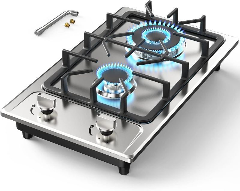 Photo 1 of Gas Stove Gas Cooktop 2 Burners 12 Inch,ANHANE Portable Stainless Steel Built-in Gas Hob, LPG/NG Dual Fuel Easy to Clean for RVs, Apartments, Outdoor