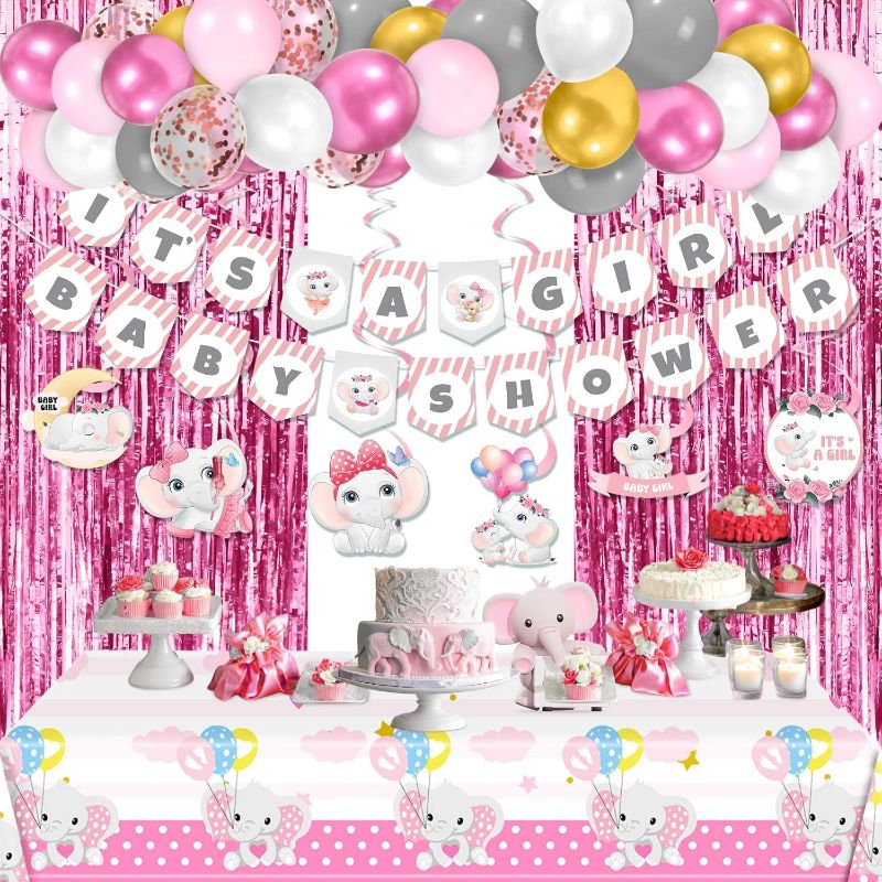 Photo 1 of Elephant Baby Shower Decorations for Girl Pink Birthday Party Supplies It's a Girl Baby Shower Banner Backdrop Elephant Tablecloth Rain Curtains Swirl for Girls Baby Birthday Party Baby Shower Decor