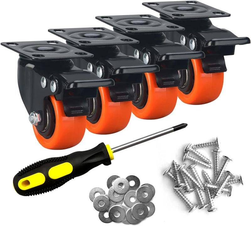 Photo 1 of 2" Caster Wheels Set of 4, Heavy Duty Casters with Brake, No Noise Locking Casters with Orange Polyurethane (PU) Wheels, Swivel Plate Castors Pack of 4