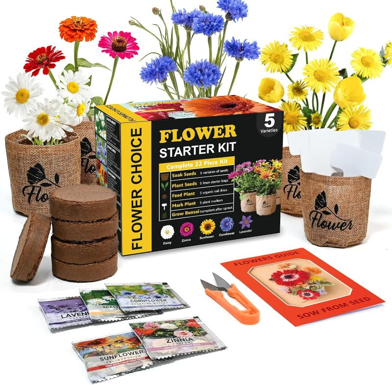 Photo 1 of Indoor Daisy Garden Starter Kit, 5 Non-GMO Flower Seeds Planting Set with Gardening Tools - Jute Bags, Markers, Soil Disks and Shears, Home Gardening Gifts for Women Men Plant Lovers